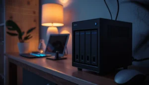 Servidor NAS profesional configurado en una oficina doméstica para almacenamiento centralizado.