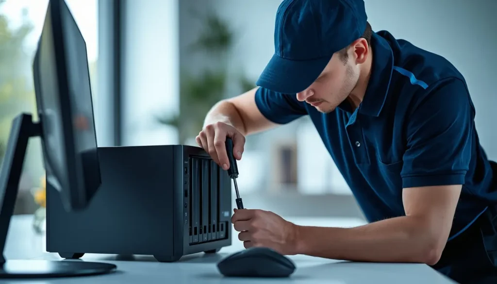 Técnico instalando un servidor NAS.
